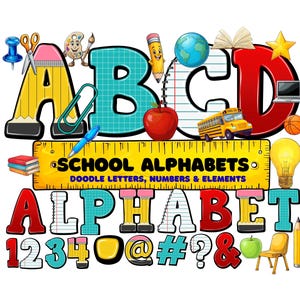 School Doodle Alphabet PNG: Back to School Clipart (Digital Download)
