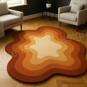 Unique Modern Sunset Swirl Hand-Tufted Wool Rug | Retro Ombre Design Terracotta Color Rug | Irregular Shape Rugs For Home Decor, Kidsroom.