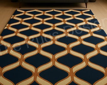 Navy Blue Geometric Area Rug, Modern Trellis Pattern Carpet, Contemporary Mid Century Living Room Floor Decor, Hand Tufted Wool Accent Rug