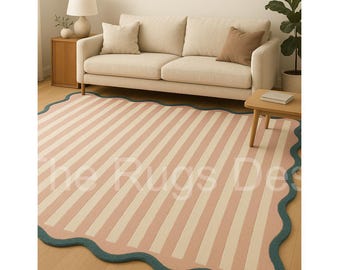 Modern Wavy Edge Striped Rug –Hand-Tufted Wool Carpet, Pastel Pink & White with Teal Scalloped Border for Living Room, Bedroom Customize Rug