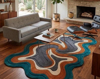 Hand Tufted Wool Rug, Teal Green Round Area Rug, Organic Abstract Rug, Olive Green Rug, Mid Century Modern Rug, Handmade Rug, Custom Rugs