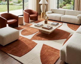 Mid Century Modern Abstract Rug, Rust Orange Ivory Handmade Tufted Area Rug, Geometric Retro Carpet, Large Living Room Bedroom Floor Rug,