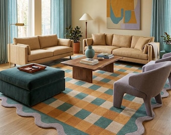 Modern Checkered Wool Rug with Wavy Scalloped Edges |Colorful Hand-Tufted Area Carpet for Living Room Bedroom |Customize Luxury Rug For Home