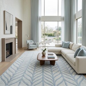 Sky Blue Leaf Pattern Rug | Scandinavian Tufted Area Rug | Modern Minimal Carpet | Soft Neutral Living Room Bedroom Home Decor | Custom Rugs