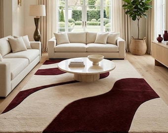 9x12 Modern Burgundy Abstract Rug, Handmade Tufted Area Rug, Wine Red Ivory Wavy Carpet, Minimalist Living Room Rug, Soft Wool Rug, Gift Rug