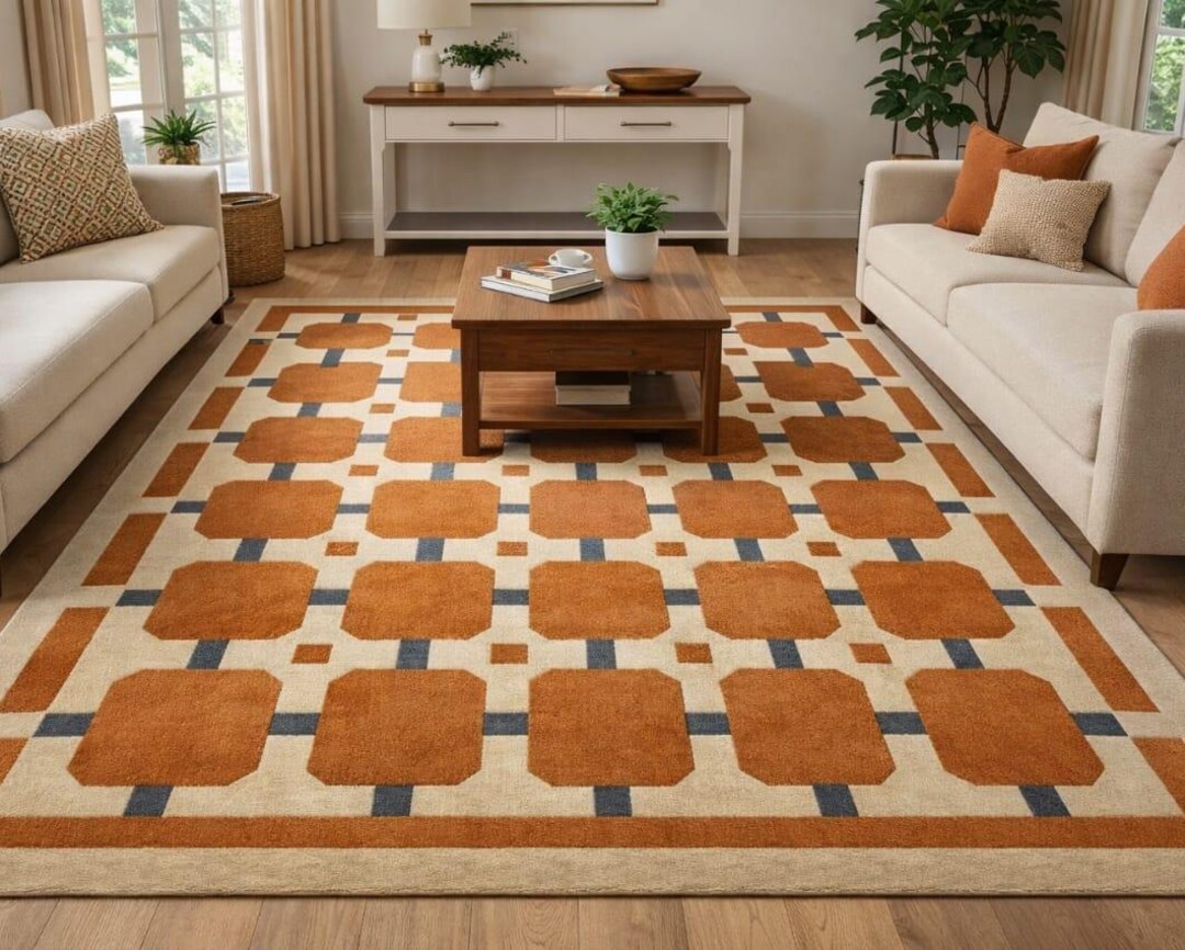 9X12 Geometric Area Rug, Retro Square Pattern Rectangle Carpet ...
