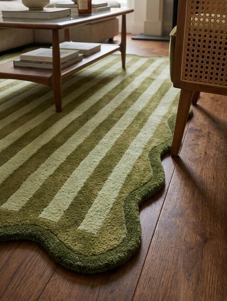 May include: A rectangular area rug featuring a repeating pattern of alternating olive green and light sage green stripes. The rug has a distinctively curved, scalloped edge border in a solid dark olive green, creating a soft, wavy perimeter.