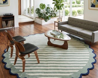 Scalloped Green Rug, Hand Tufted Wool Area Rug, Sage Green Navy Blue Rug, Striped Scallop Rug, Organic Modern Rug, Handmade Rug, Modern Rugs