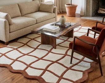 Cream Brown Area Rug, Organic Grid Rug, Scalloped Edge Rug, Mid Century Modern Rug, Handmade Neutral Carpet, Office Rug Gift Rug, Custom Rug
