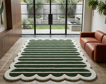 Green Scalloped Rug, Irregular Striped Area Rug, Scandinavian Hand Tufted Rug, Modern Minimalist Ivory Border Contemporary Living Room Rug