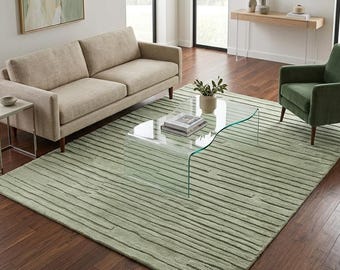 Hand Tufted Sage Green Rug, Modern Textured Wool Area Rug, Minimalist Handmade Rug, Contemporary Bedroom Rug, Luxury Living Room Floor Rug