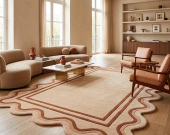 10X12 Scalloped Edge Tufted Rug, Beige Cream Rust Border Rug, Wavy Modern Minimalist Area Rug, Neutral Scandinavian Living Room Decor Rugs