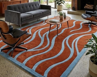 Rust Blue Wave Rug, Hand Tufted Area Rug, Terracotta Light Blue Abstract Rug, Modern Wavy Geometric Rug, Handmade Rug, Custom Rug, Gift Rugs