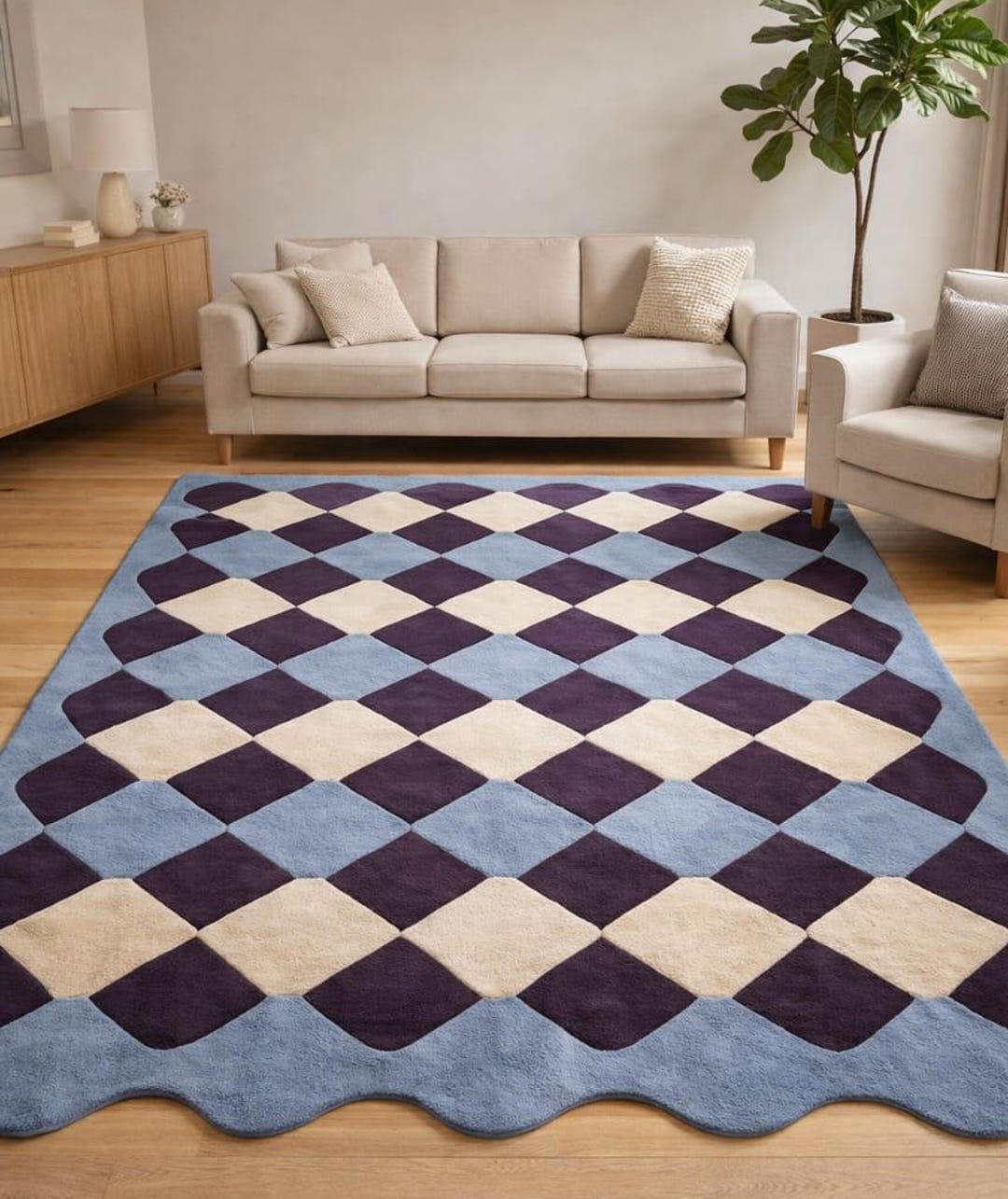 9X12 Blue Beige Diamond Pattern Rug – Modern Geometric Area Rug for ...