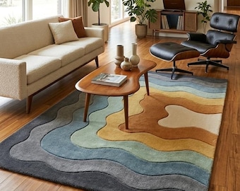 Blue Gray Area Rug, Abstract Wave Rug, Modern Wool Rug, Sage Green Rug, Rust Orange Rug, Mid Century Modern Rug