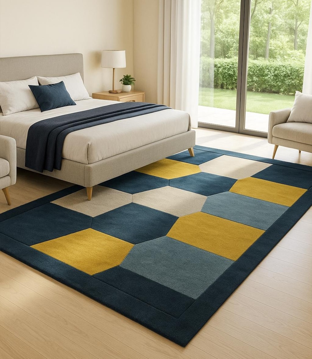Modern Geometric Rug – 3D Cube Hand Tufted Wool Carpet in Yellow, Blue ...