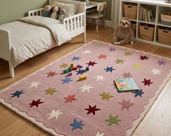 Pink Star Rug, Hand Tufted Wool Rug, Colorful Star Pattern Rug, Kids Room Rug, Playroom Rug, Scalloped Border Rug, Handmade Rug, Custom Rugs