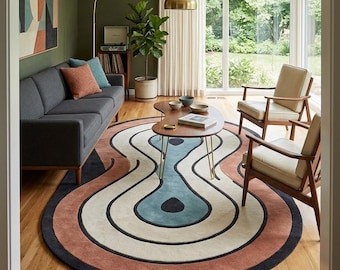 Terracotta Blue Oval Rug, Abstract Modern Rug, Teal Accent Rug, Mid Century Rug, Living Room Rug, Gift Rug, Custom Rug, Office, Kids Room