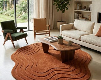 Hand Tufted Organic Wave Rug, Terracotta Area Rug, Modern Abstract Rug, Irregular Shape Carpet, Luxury Living Room Rug, Custom Handmade Rug