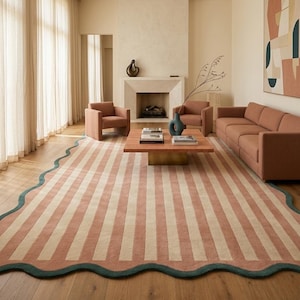Alfombra con franjas festoneadas, alfombra con borde ondulado, alfombra moderna de lana hecha a mano, alfombra rosa crema para sala de estar, alfombra para dormitorio, alfombras suaves, alfombra de tamaño personalizado