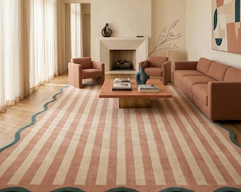 Scalloped Stripe Area Rug, Wavy Border Rug, Modern Handmade Wool Rug, Pink Cream Living Room Rug, Bedroom Carpet,  Soft Rugs Custom Size Rug