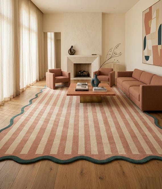 Scalloped Stripe Area Rug, Wavy Border Rug, Modern Handmade Wool Rug, Pink Cream Living Room Rug, Bedroom Carpet,  Soft Rugs Custom Size Rug