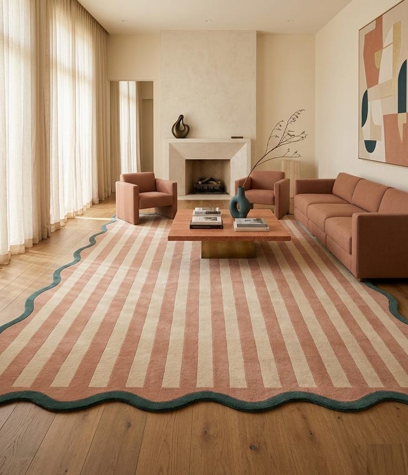 Scalloped Stripe Area Rug, Wavy Border Rug, Modern Handmade Wool Rug, Pink Cream Living Room Rug, Bedroom Carpet, Soft Rugs Custom Size Rug image 1