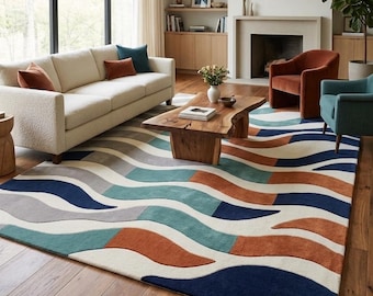 Modern Abstract Wave Rug, Hand Tufted Geometric Rug, Teal Navy Rust Gray Cream Rug, Mid Century Wavy Rug, Modern Rug, Gift Rug, Custom Rugs