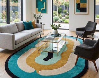 Hand Tufted Rug, Teal Oval Area Rug, Modern Abstract Rug, Gold Cream Rug, Mid Century Rug, Handmade Rug, Custom Rug, Colorful Rug, Gift Rugs