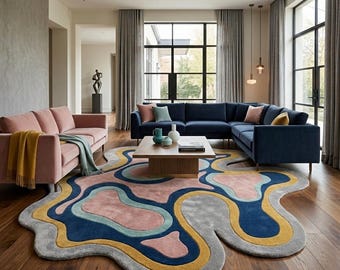 Irregular Hand Tufted Abstract Rug, Modern Blob Shape Area Rug, Pink Blue Contemporary Wool Carpet, Artistic Custom Rug for Living Room Rug