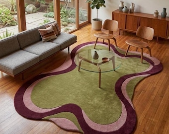 Olive Green Abstract Rug, Hand Tufted Wool Rug, Burgundy Pink Organic Shaped Rug, Modern Wave Rug, Living Room Rug, Gift Rugs, Custom Rugs