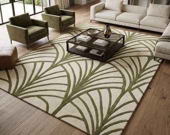 9X11 Modern Botanical Leaf Rug, Green Ivory Rug, Minimalist Handmade Rug, Living Room Rug, Leaf Rug, Modern Rug, Vintage Rug, Custom Rugs
