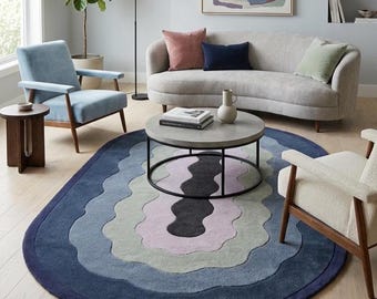Blue Oval Rug, Hand Tufted Wool Area Rug, Abstract Layered Wave Rug, Navy Blue Green Pink Rug, Organic Modern Oval Rug, Custom Rug, Gift Rug