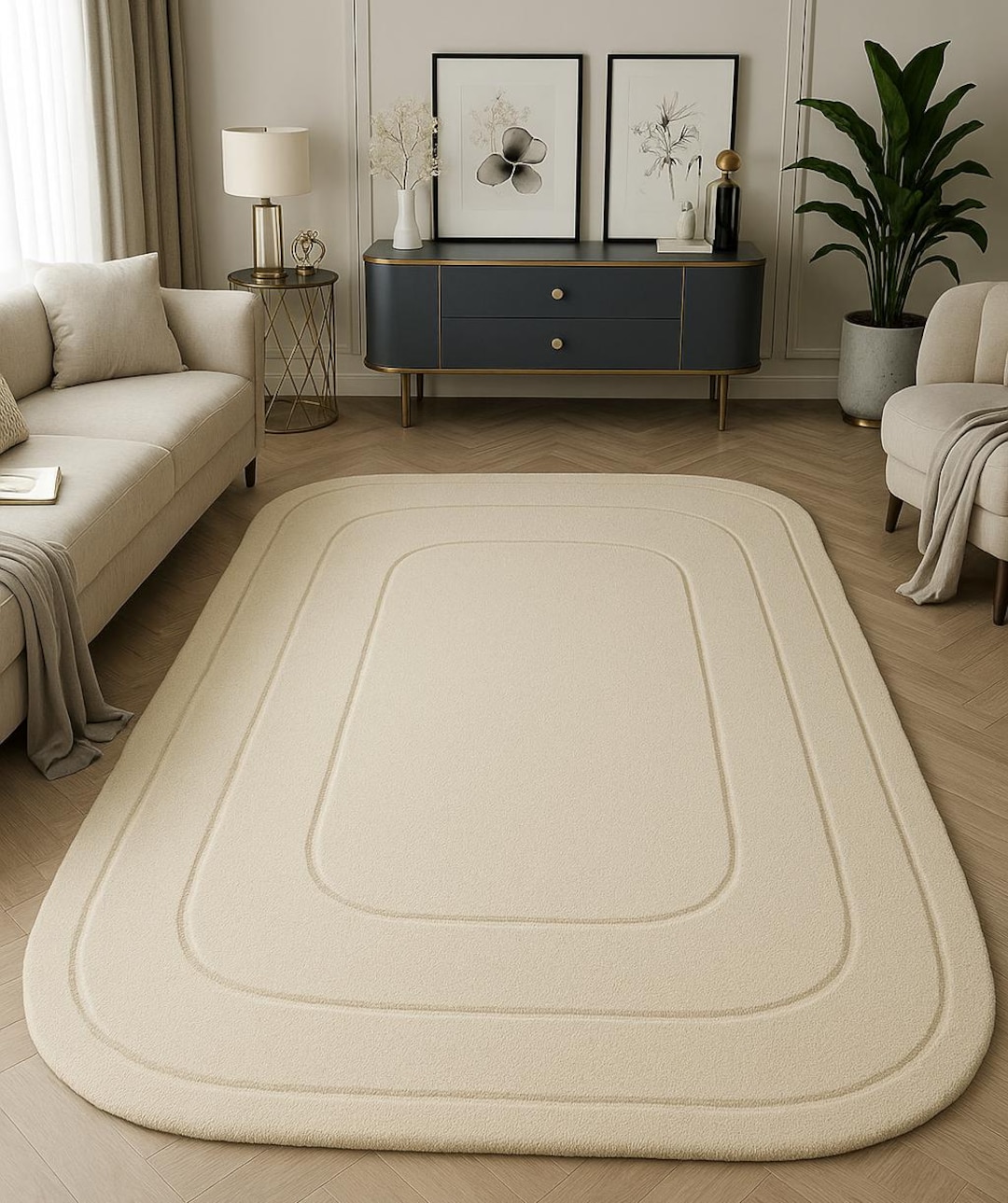 Smooth White Rug Minimalist White Rug – Modern Hand Tufted Wool Carpet in Rounded ...