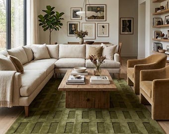 Olive Green Hand Tufted Rug, Modern Geometric Area Rug, Minimalist Handmade Wool Rug, Contemporary Living Room Rug, Custom Luxury Wool Rug