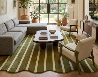 Olive Green Striped Rug, Hand Tufted Area Rug, Modern Wavy Edge Rug, Green Cream Abstract Rug, Living Room Rug, Handmade Rug, Custom Rugs