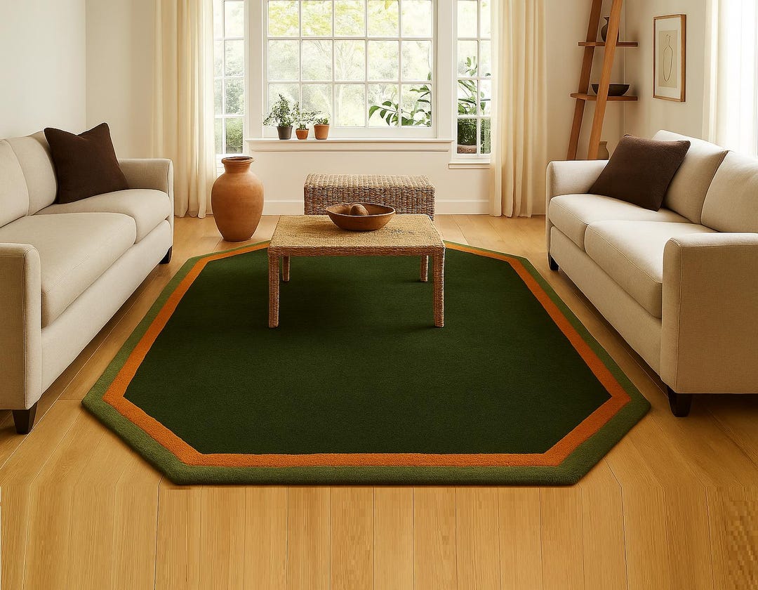12x12 Modern Green Octagon Rug With Orange Border | Geometric Area Rug ...