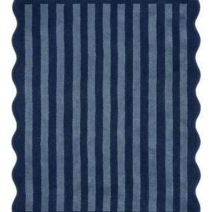 May include: A rectangular bath mat featuring a scalloped edge and a vertical striped pattern in alternating shades of dark navy blue and muted slate blue. The textile surface has a consistent, soft-textured pile throughout the entire design.