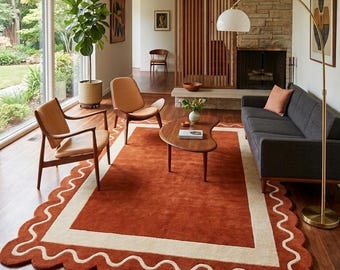 Rust Orange Scalloped Rug, Hand Tufted Wool Area Rug, Terracotta Cream Border Rug, Wavy Edge Modern Rug, Handmade Mid Century Rug, Gift Rugs