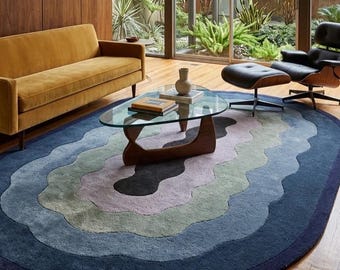 Blue Oval Rug, Hand Tufted Wool Area Rug, Abstract Layered Wave Rug, Navy Blue Green Pink Rug, Organic Modern Oval Rug, Custom Rug, Gift Rug