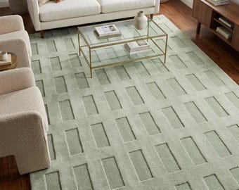 Olive Green Hand Tufted Rug, Modern Geometric Area Rug, Minimalist Handmade Wool Rug, Contemporary Living Room Rug, Custom Luxury Wool Rug