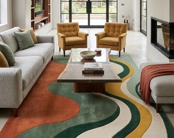 9X12 Green Orange Area Rug, Abstract Wavy Rug, Mid Century Modern Rug, Sage Green Wool Rug, Handmade Living Room Rug, Modern Rug, Custom Rug