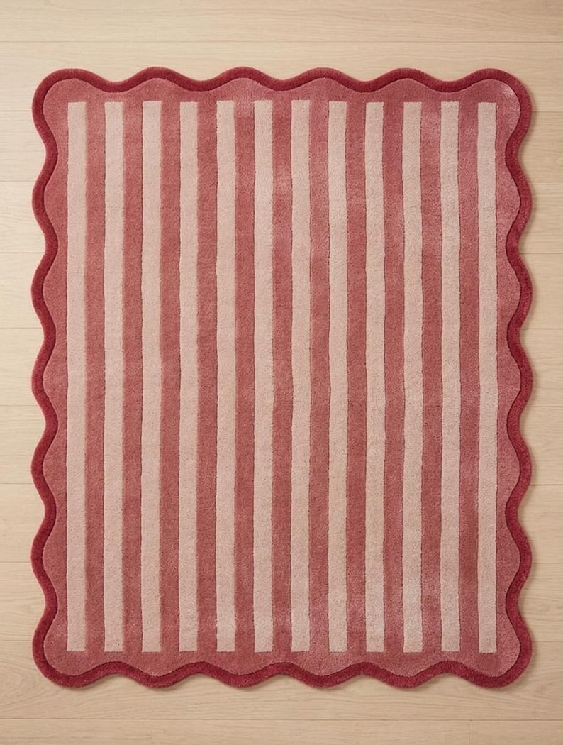 Scalloped Stripe Area Rug, Wavy Border Rug, Modern Handmade Wool Rug, Pink Cream Living Room Rug, Bedroom Carpet, Soft Rugs Custom Size Rug image 20