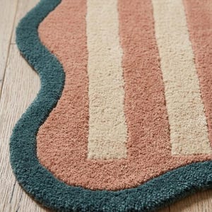 Scalloped Stripe Area Rug, Wavy Border Rug, Modern Handmade Wool Rug, Pink Cream Living Room Rug, Bedroom Carpet, Soft Rugs Custom Size Rug image 6