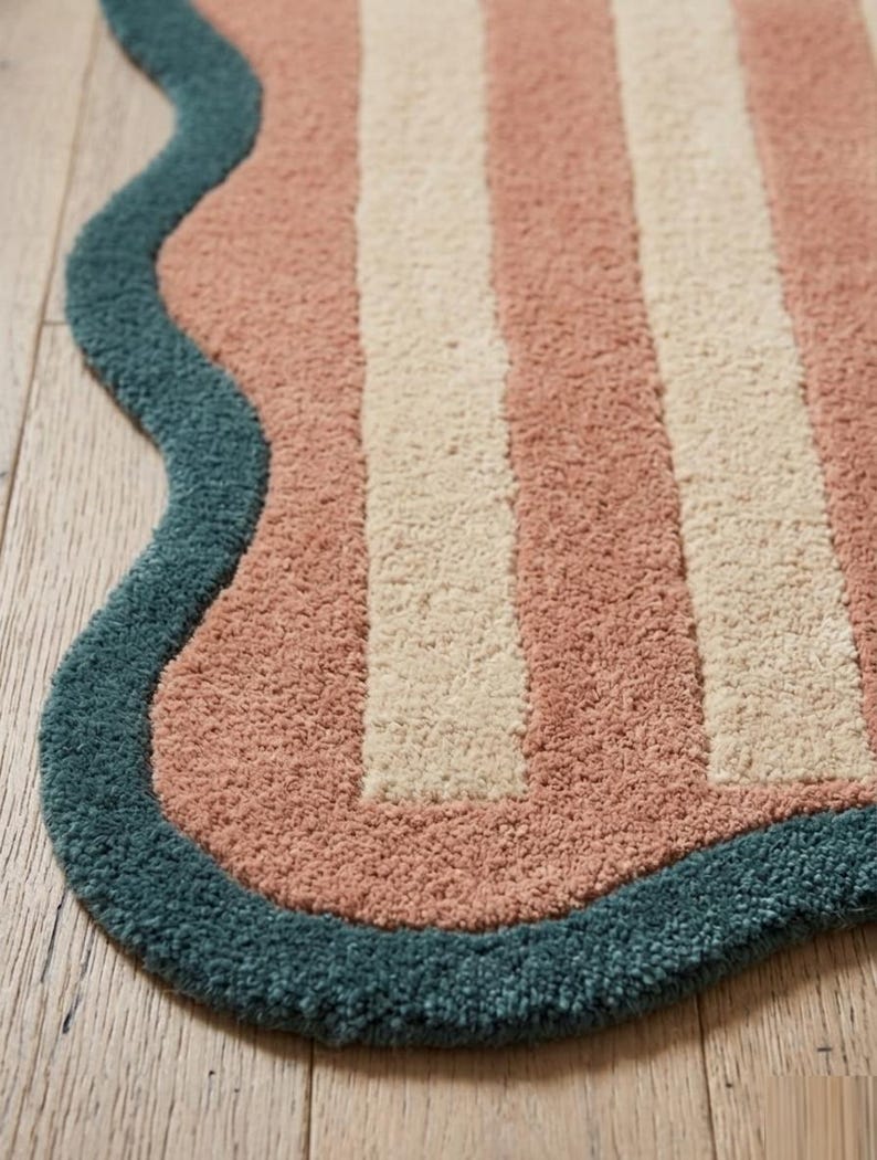 Scalloped Stripe Area Rug, Wavy Border Rug, Modern Handmade Wool Rug, Pink Cream Living Room Rug, Bedroom Carpet, Soft Rugs Custom Size Rug image 6