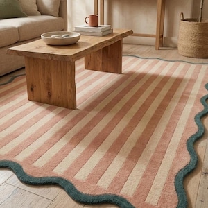 Scalloped Stripe Area Rug, Wavy Border Rug, Modern Handmade Wool Rug, Pink Cream Living Room Rug, Bedroom Carpet, Soft Rugs Custom Size Rug image 8
