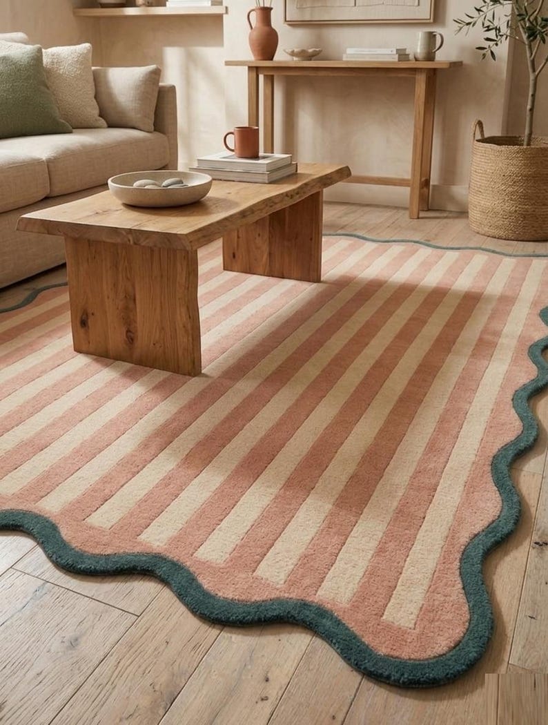 Scalloped Stripe Area Rug, Wavy Border Rug, Modern Handmade Wool Rug, Pink Cream Living Room Rug, Bedroom Carpet, Soft Rugs Custom Size Rug image 8