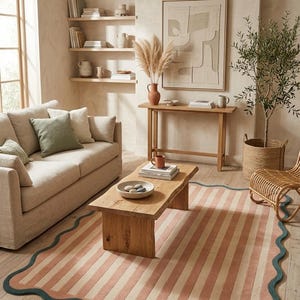 May include: A rectangular area rug featuring vertical stripes in muted peach and cream tones, finished with a scalloped edge in a dark teal color. The rug is positioned on a light wood floor, providing a textured surface beneath a wooden coffee table.