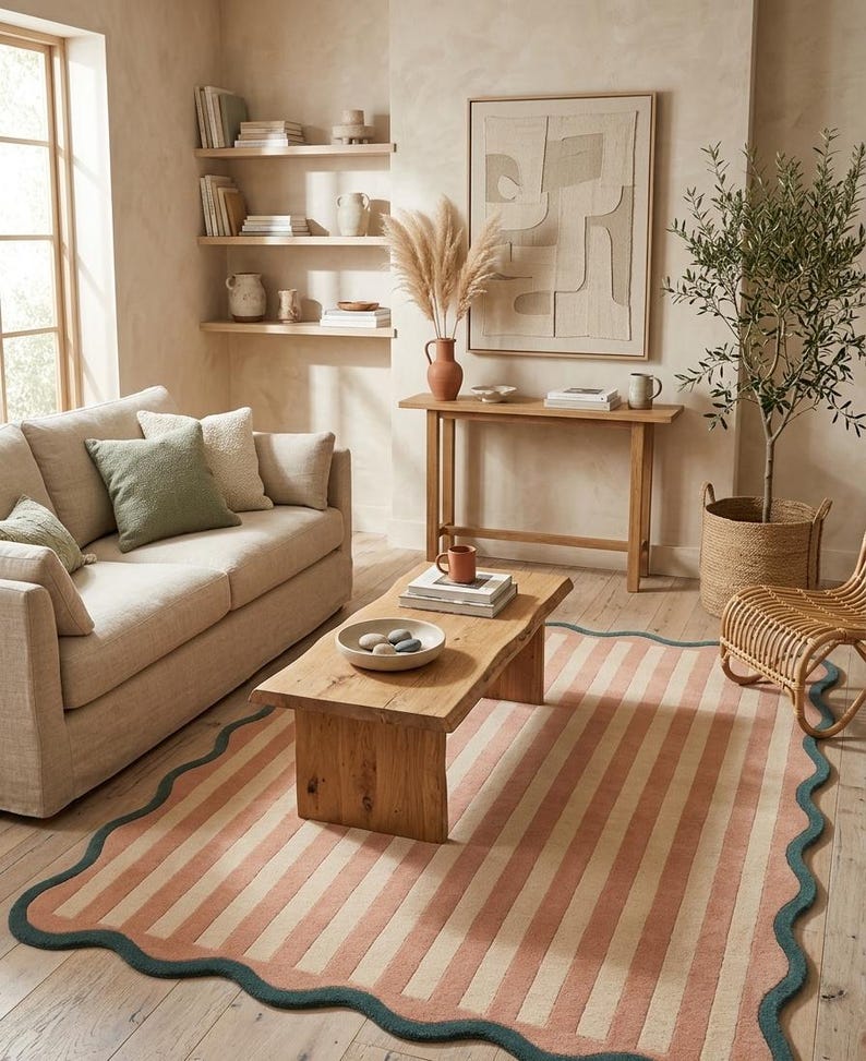 May include: A rectangular area rug featuring vertical stripes in muted peach and cream tones, finished with a scalloped edge in a dark teal color. The rug is positioned on a light wood floor, providing a textured surface beneath a wooden coffee table.