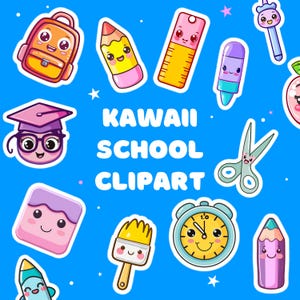 15 Kawaii School Clipart Stickers – Cute Back to School PNGs for Kids, Printable Digital Sticker Set
